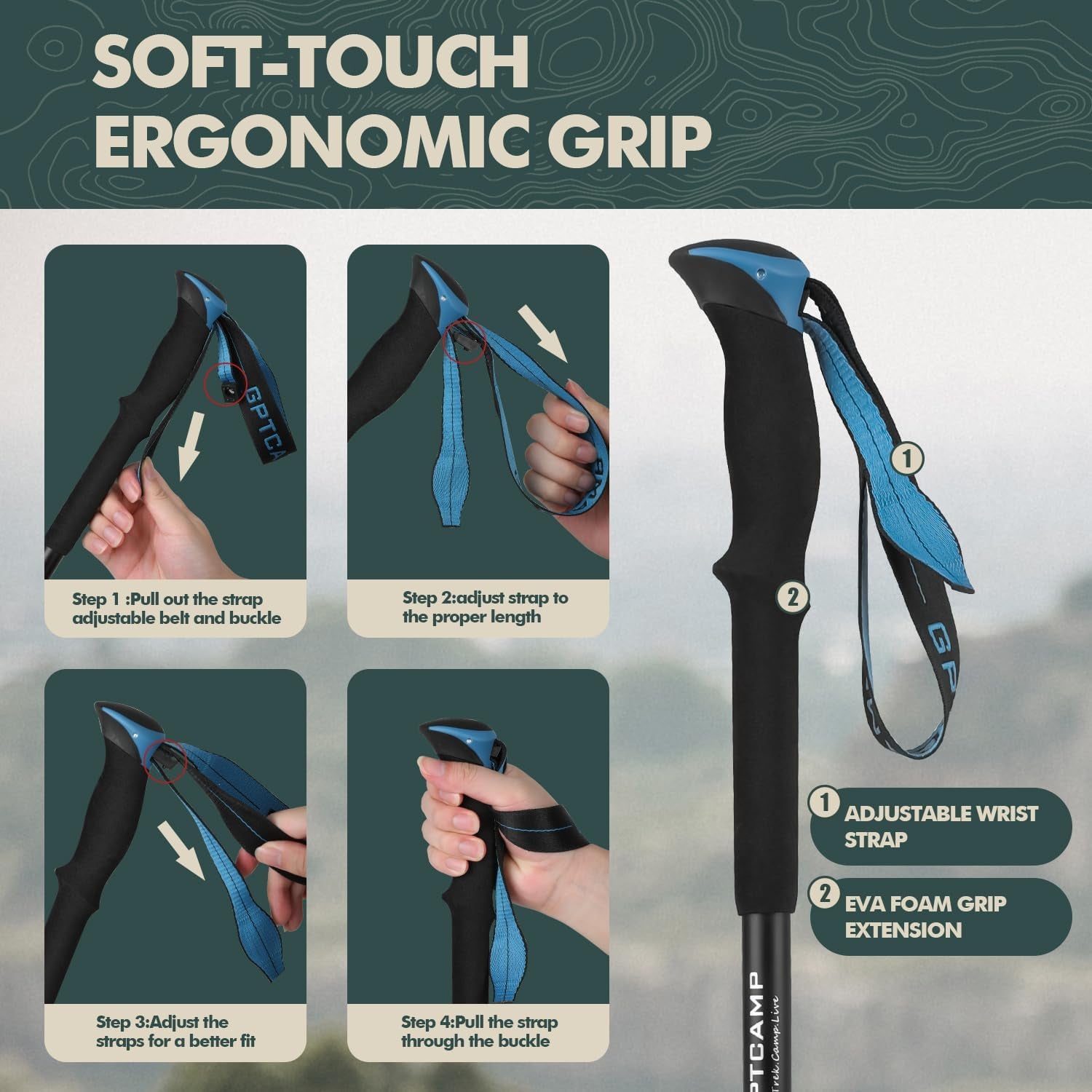 Collapsible Hiking Sticks,Lightweight Folding Trekking Poles,Adjustable Travel Walking Poles with EVA Foam Grip for Men & Women,Single Pole or Pair Available, Blue