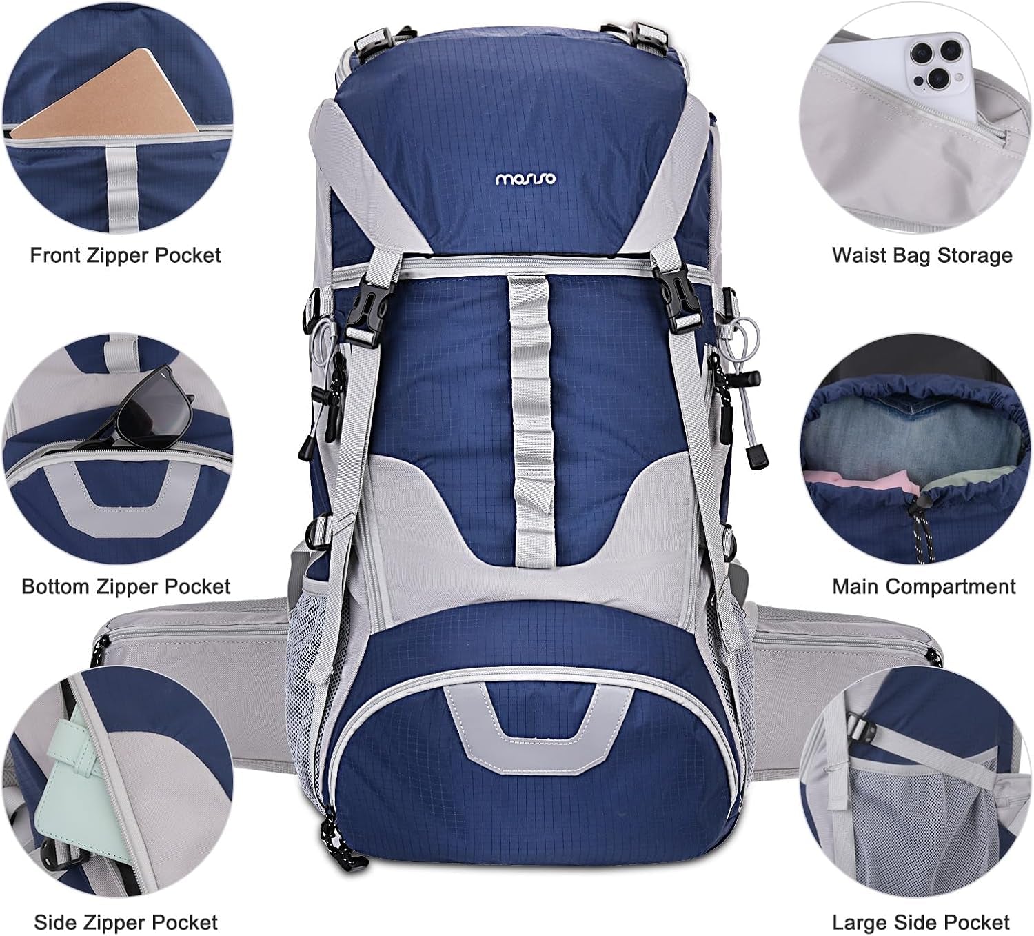 50L Hiking Backpack, Waterproof Camping Backpack with Rain Cover for Men Women, Lightweight Sport Daypack for Outdoor Camping Travel, Navy Blue
