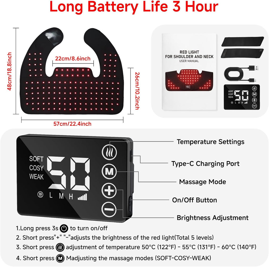 Red Light Therapy for Neck Shoulder,Rechargeable Infrared Light Therapy Device for Body with Massage and Timer,Wearable 660Nm&850Nm Red Light Therapy Wrap Pads for Body at Home（150 Lights）