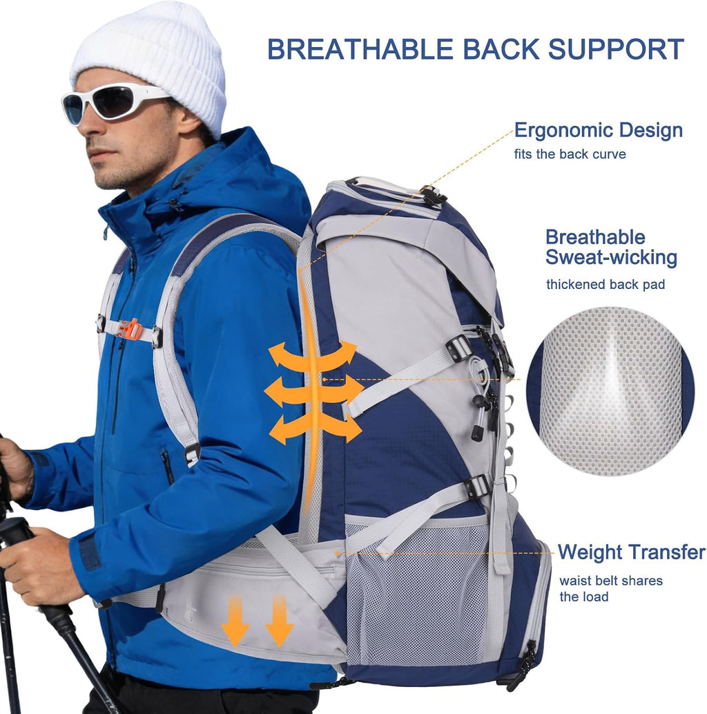 50L Hiking Backpack, Waterproof Camping Backpack with Rain Cover for Men Women, Lightweight Sport Daypack for Outdoor Camping Travel, Navy Blue