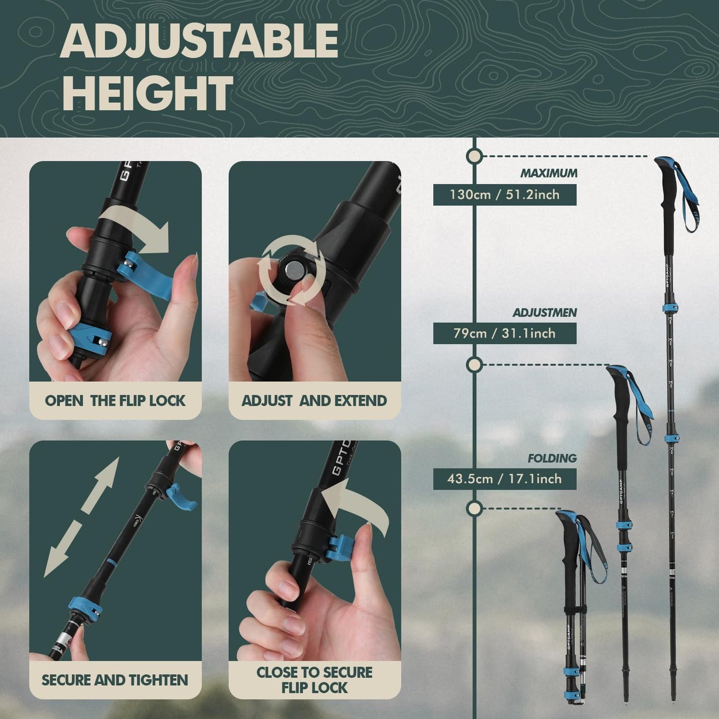 Collapsible Hiking Sticks,Lightweight Folding Trekking Poles,Adjustable Travel Walking Poles with EVA Foam Grip for Men & Women,Single Pole or Pair Available, Blue