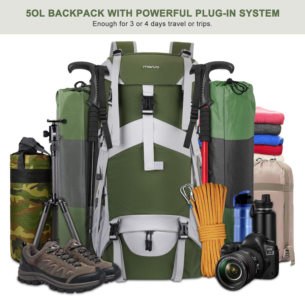 50L Hiking Backpack, Waterproof Flap Cover Camping Backpack with Rain Cover for Men Women, Lightweight Sport Daypack for Outdoor Camping Travel, Army Green