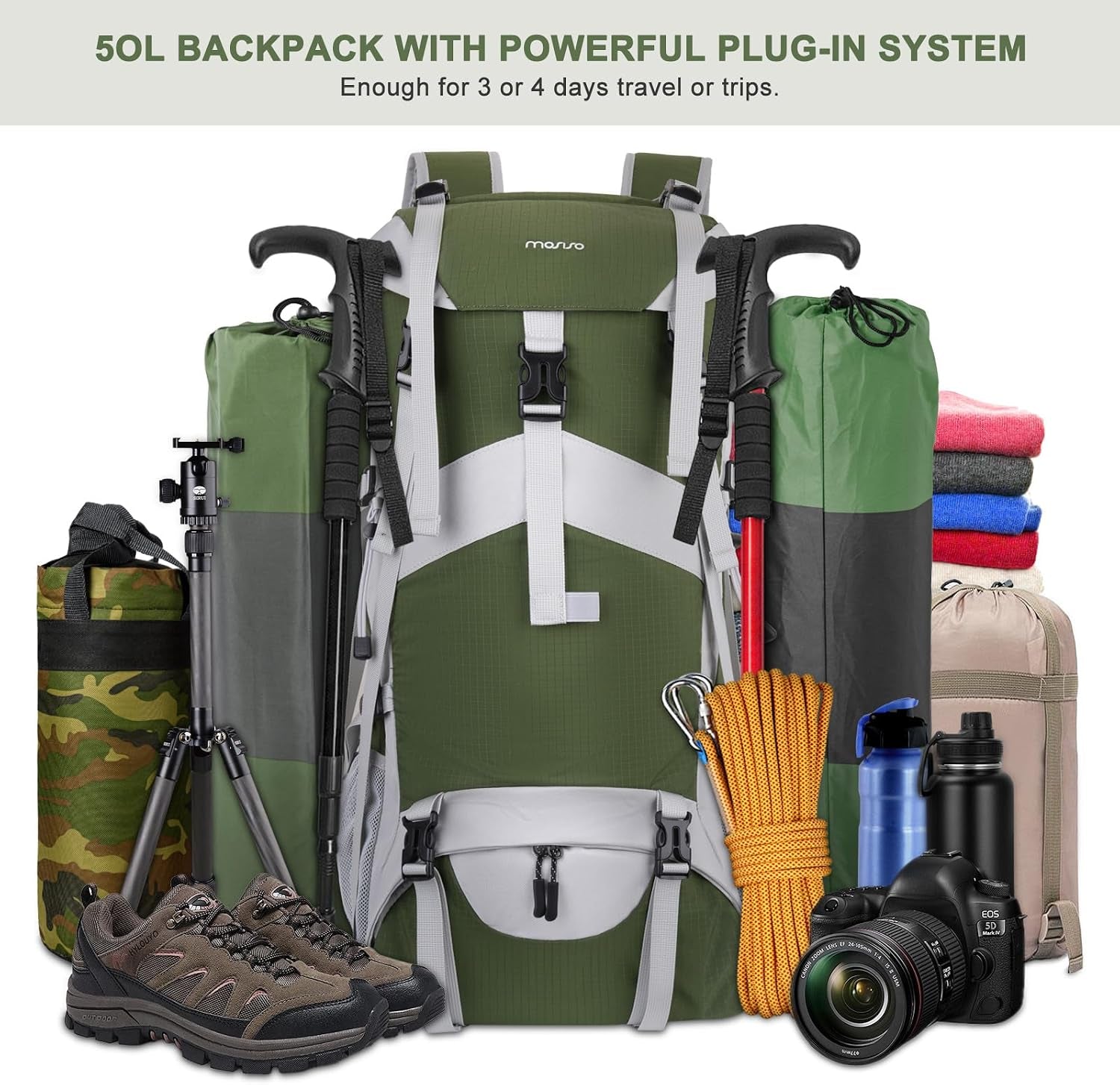 50L Hiking Backpack, Waterproof Flap Cover Camping Backpack with Rain Cover for Men Women, Lightweight Sport Daypack for Outdoor Camping Travel, Army Green