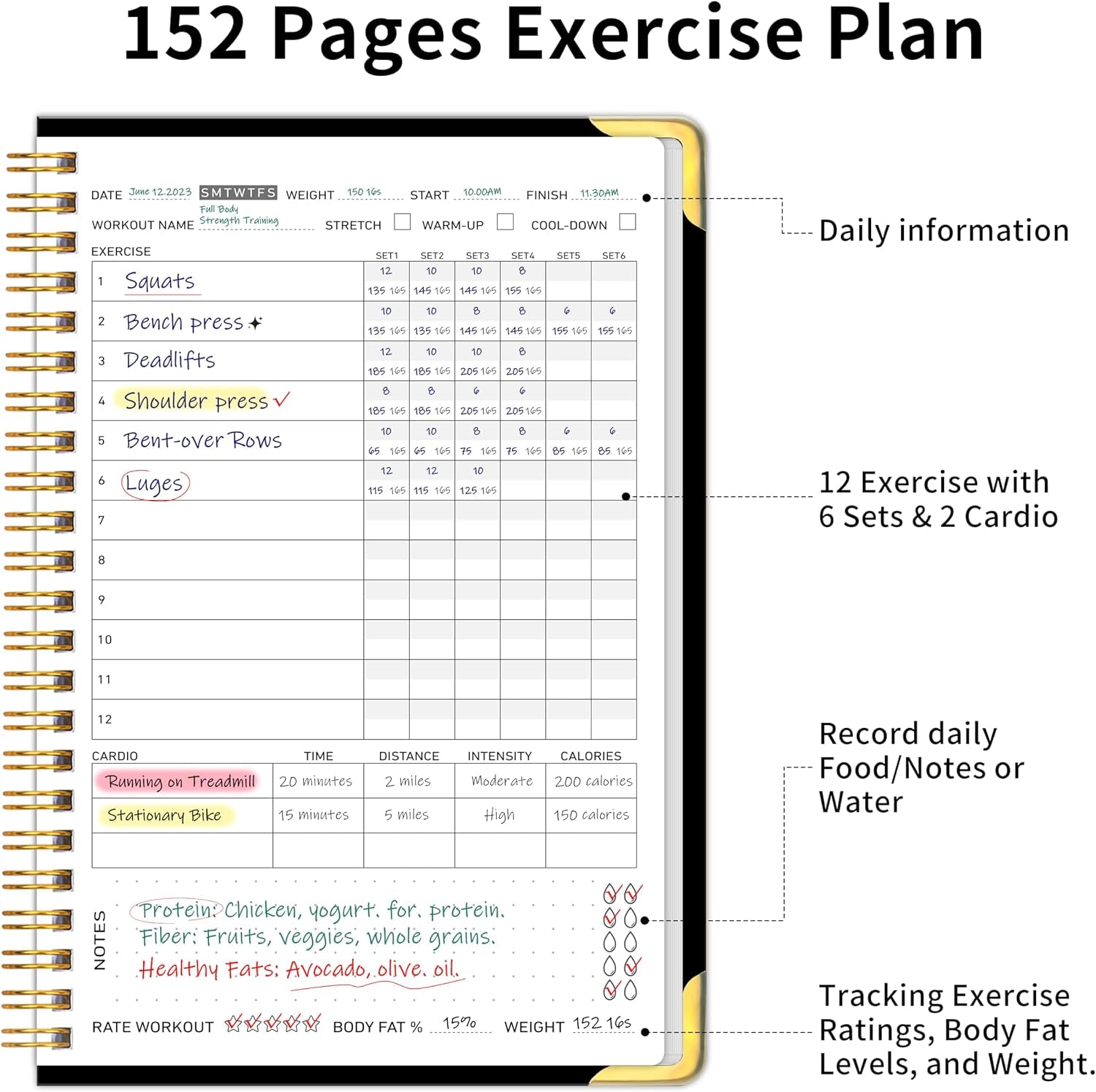 Fitness Workout Journal for Women & Men, A5(5.7" X 8.2") Workout Log Book Planner for Track Gym ＆ Home Workouts, Track Progress, Achieve Your Wellness Goals - Black