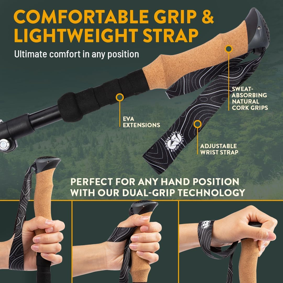 Premium Foldable Hiking Poles by USA Brand - Adjustable, Lightweight Trekking Poles Made of Aircraft Aluminum, Metal Locks Cork EVA Grips