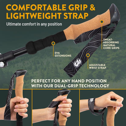 Premium Foldable Hiking Poles by USA Brand - Adjustable, Lightweight Trekking Poles Made of Aircraft Aluminum, Metal Locks Cork EVA Grips